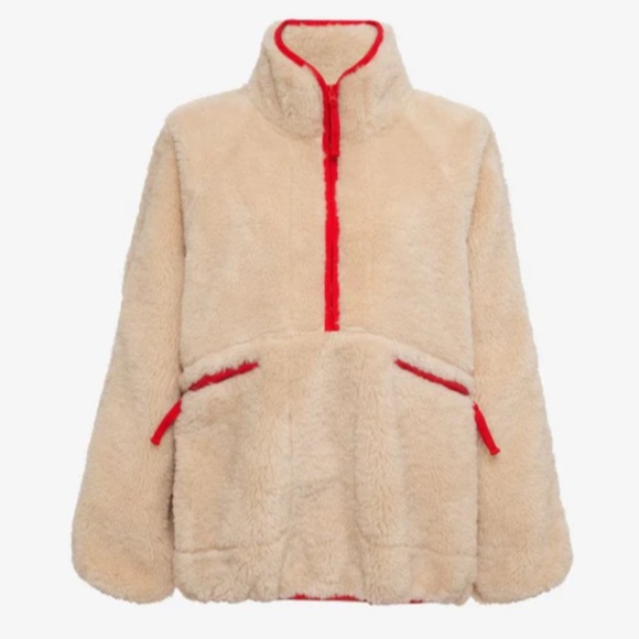 NWT Rumored Sun Valley Sherpa Fleece Jacket Size M/L Ecru White with Red Trim - Picture 1 of 13